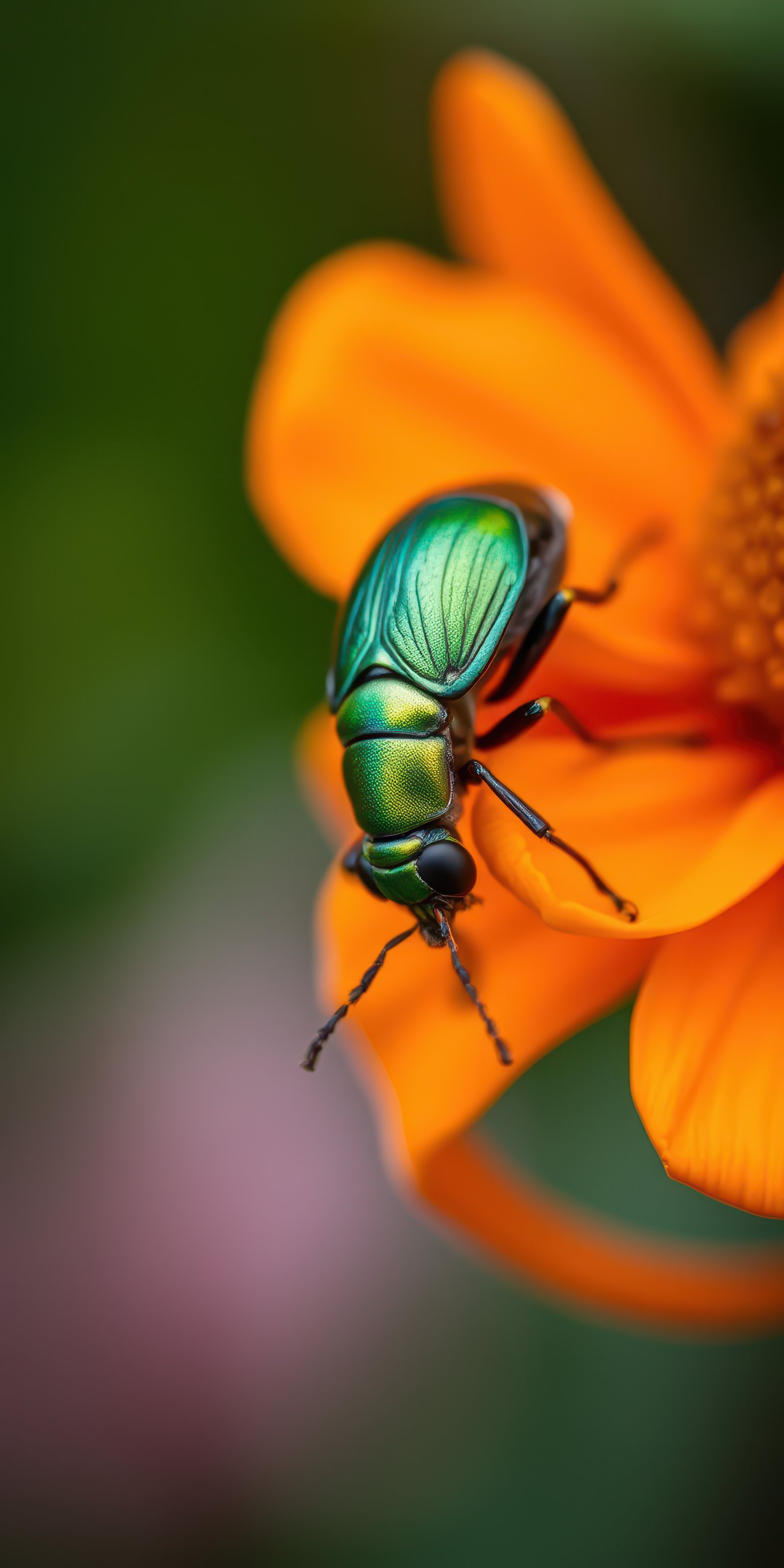 Colorful green beetle perched on vibrant orange flower in a natural setting during daylight